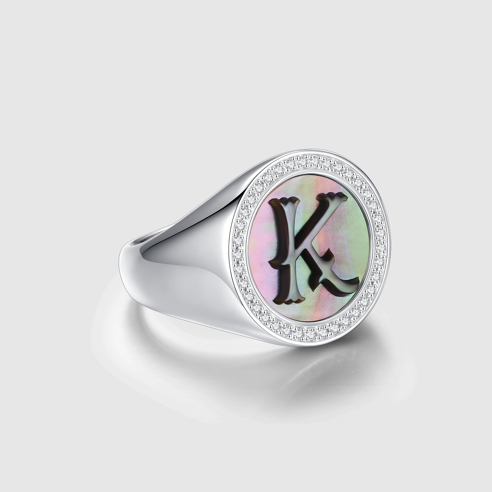Letter K Ring with Lab-Grown Diamonds and Mother of Pearl Inlay