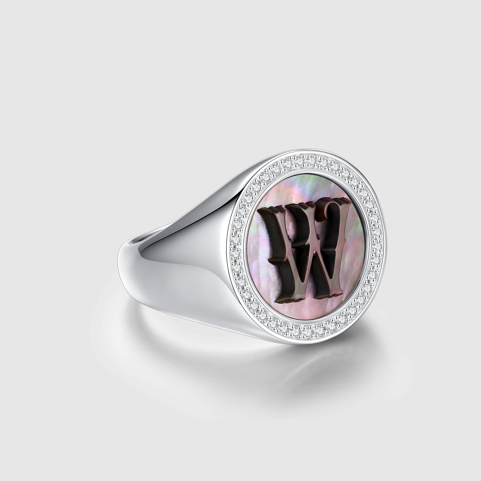 Letter W Ring with Lab-Grown Diamonds and Mother of Pearl Inlay