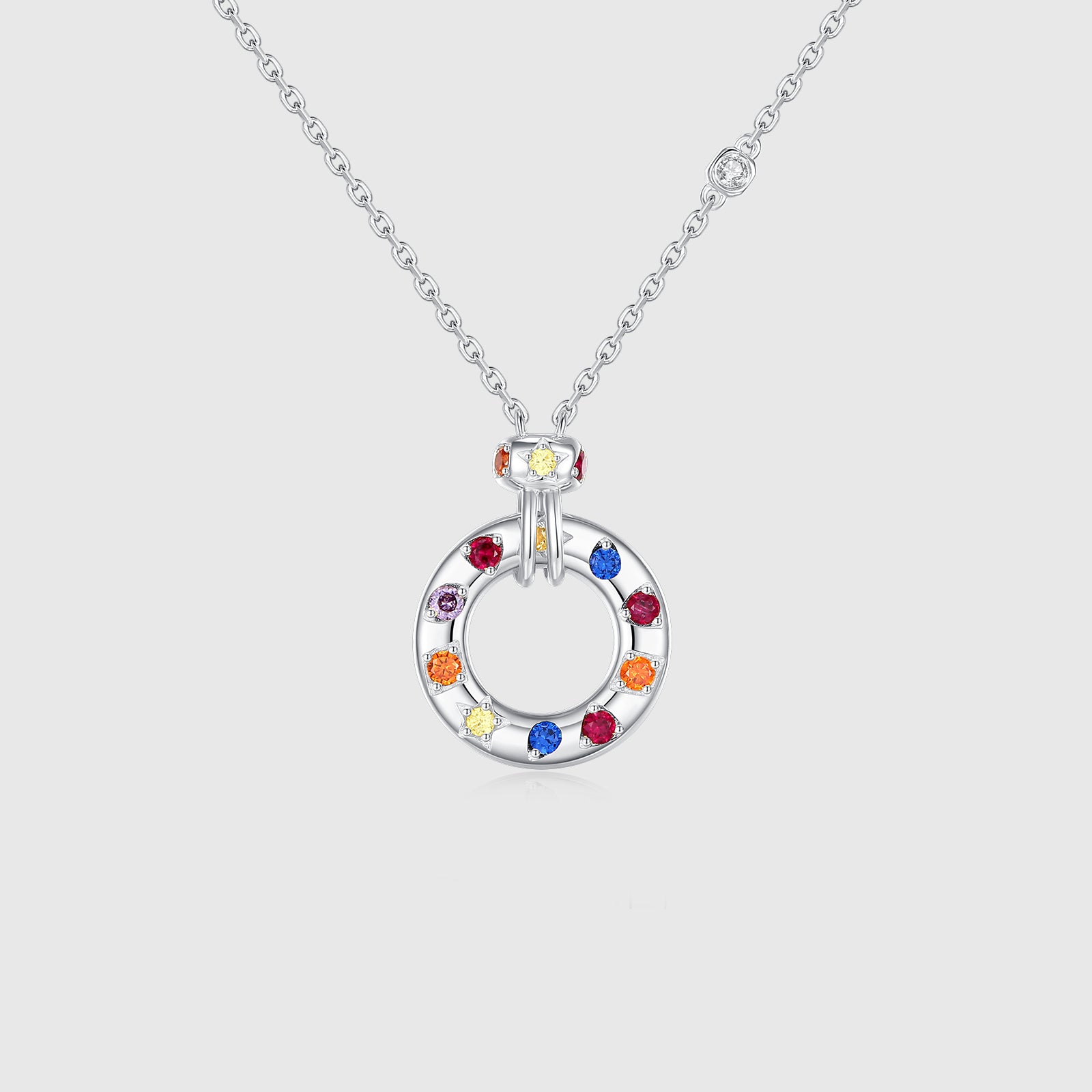 Circle Multi-Gemstone Pendant Necklace in Sterling Silver