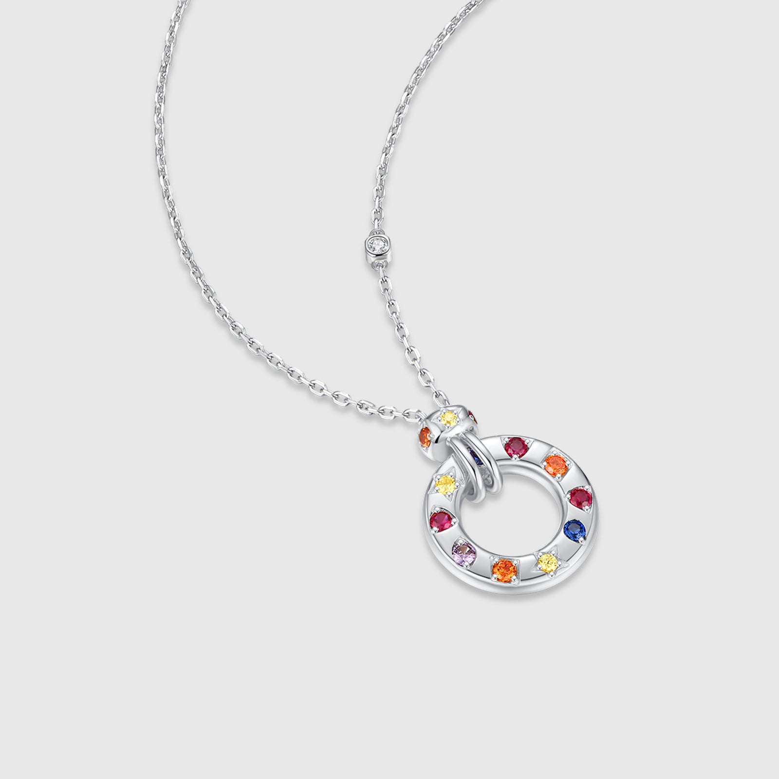 Circle Multi-Gemstone Pendant Necklace in Sterling Silver
