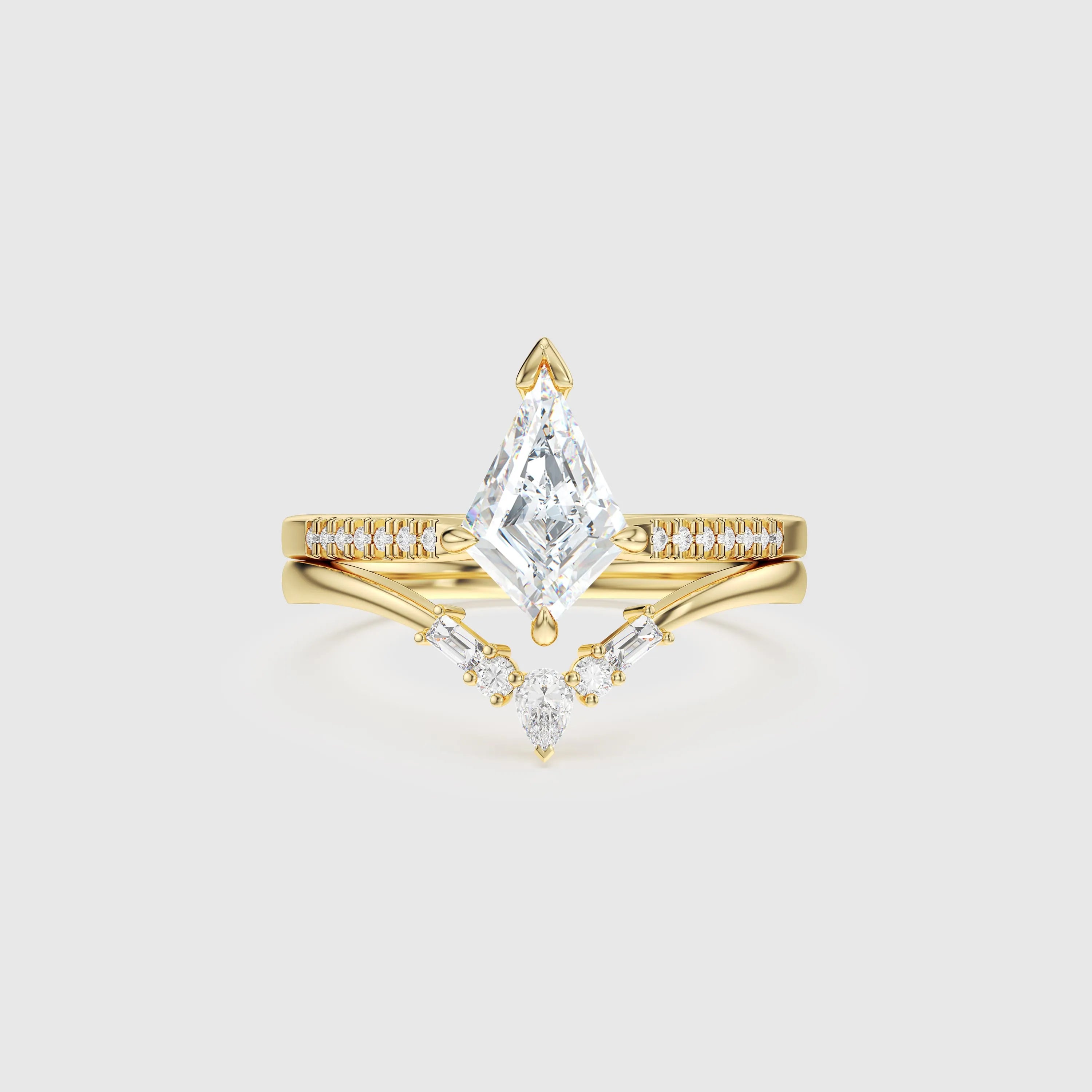 Unique Kite Diamond Ring Set with Matching Band Modern K Gold Bridal Set