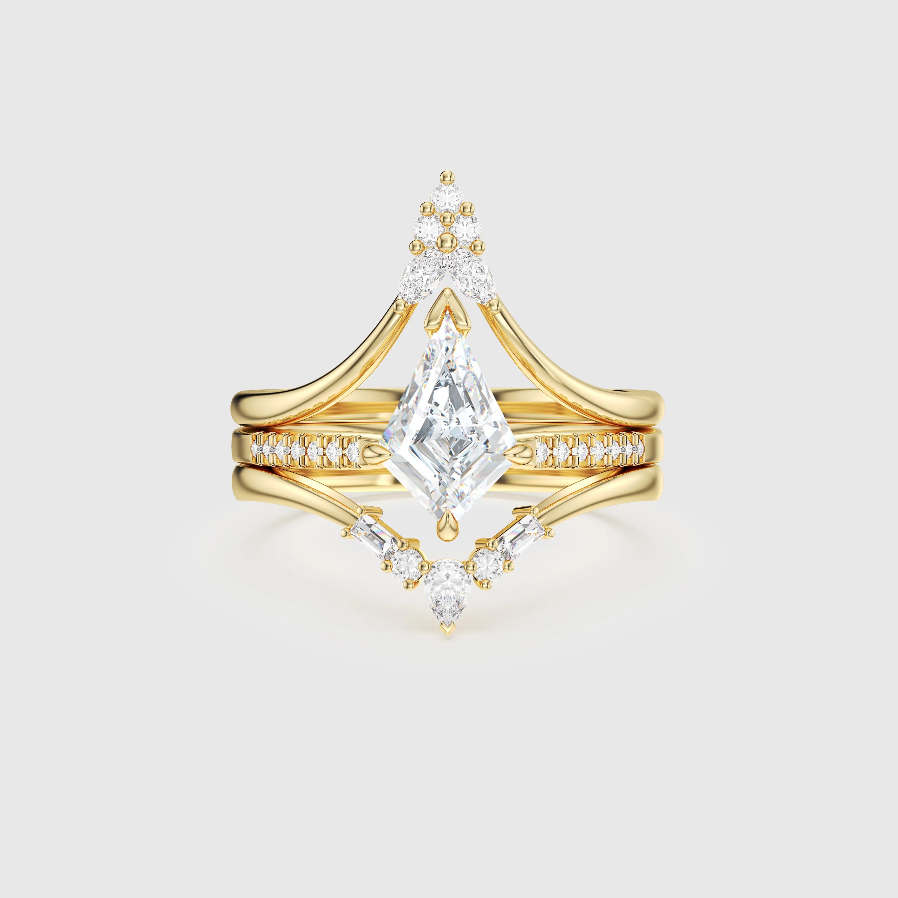 Kite Cut Diamond 3-Piece Bridal Set – Unique Art Deco Engagement & Wedding Ring