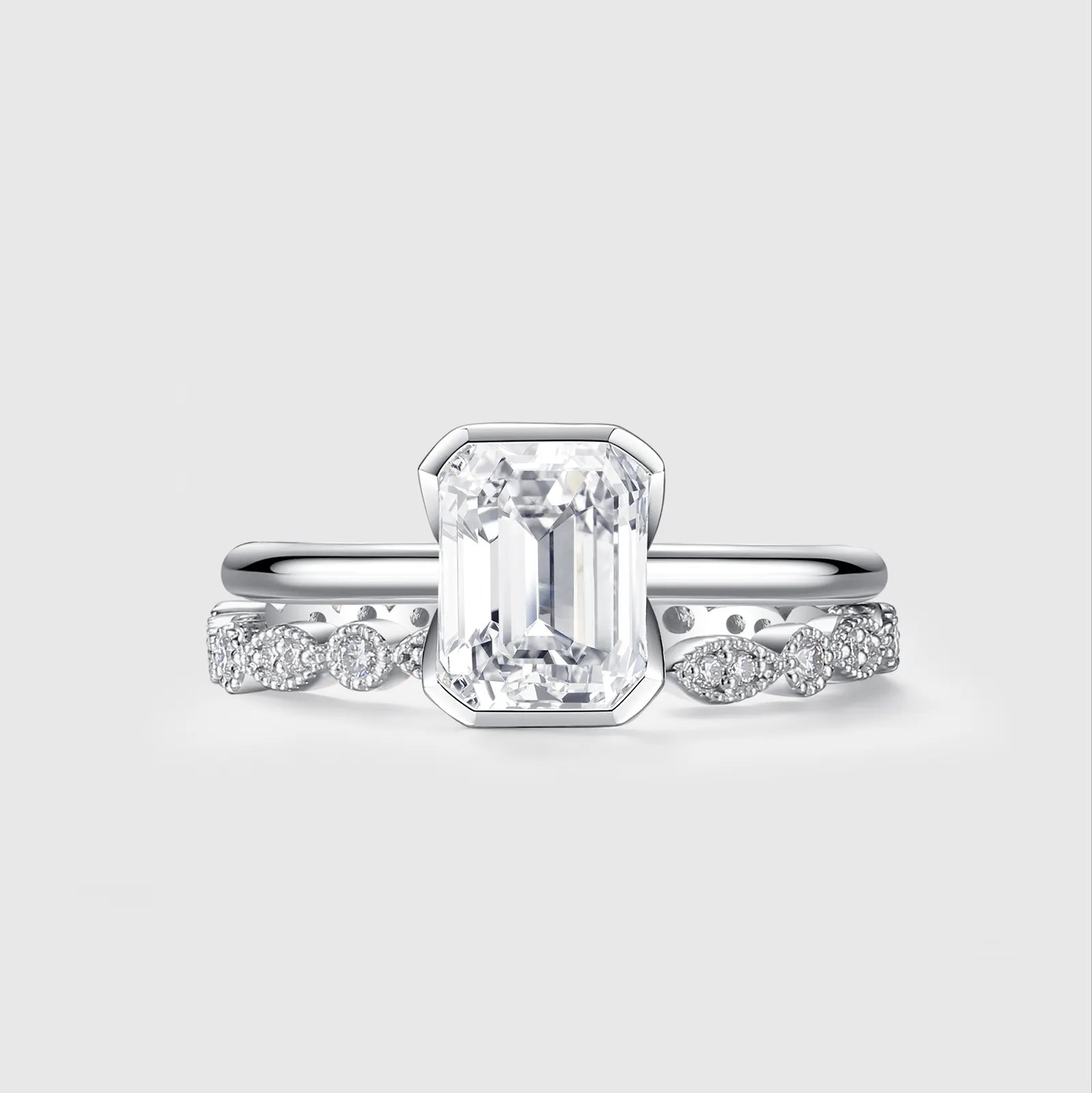 Emerald Cut Solitaire Ring Flush Stacking Half Bezel Bridal Set 2 PCs