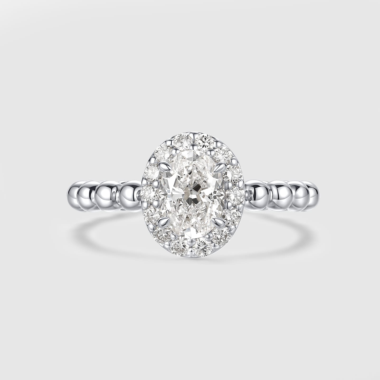 Oval cut halo diamond ring with beaded band #White Gold