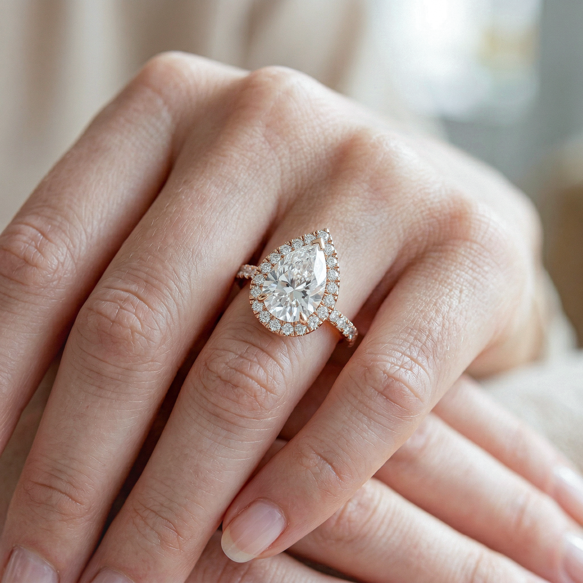 Pear-shaped diamond ring on a hand with a blurred background