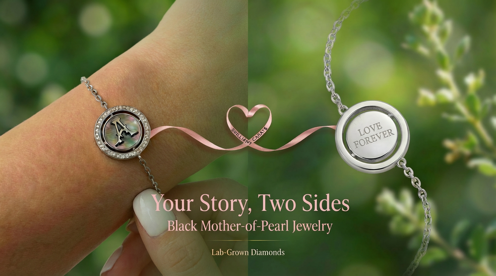 Reversible mother of pearl and diamond bracelets with Initial on front and engraved on back 