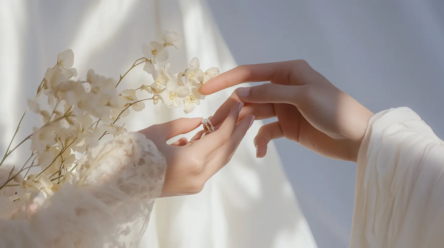 Two hands holding a delicate diamond ring against a soft, neutral background