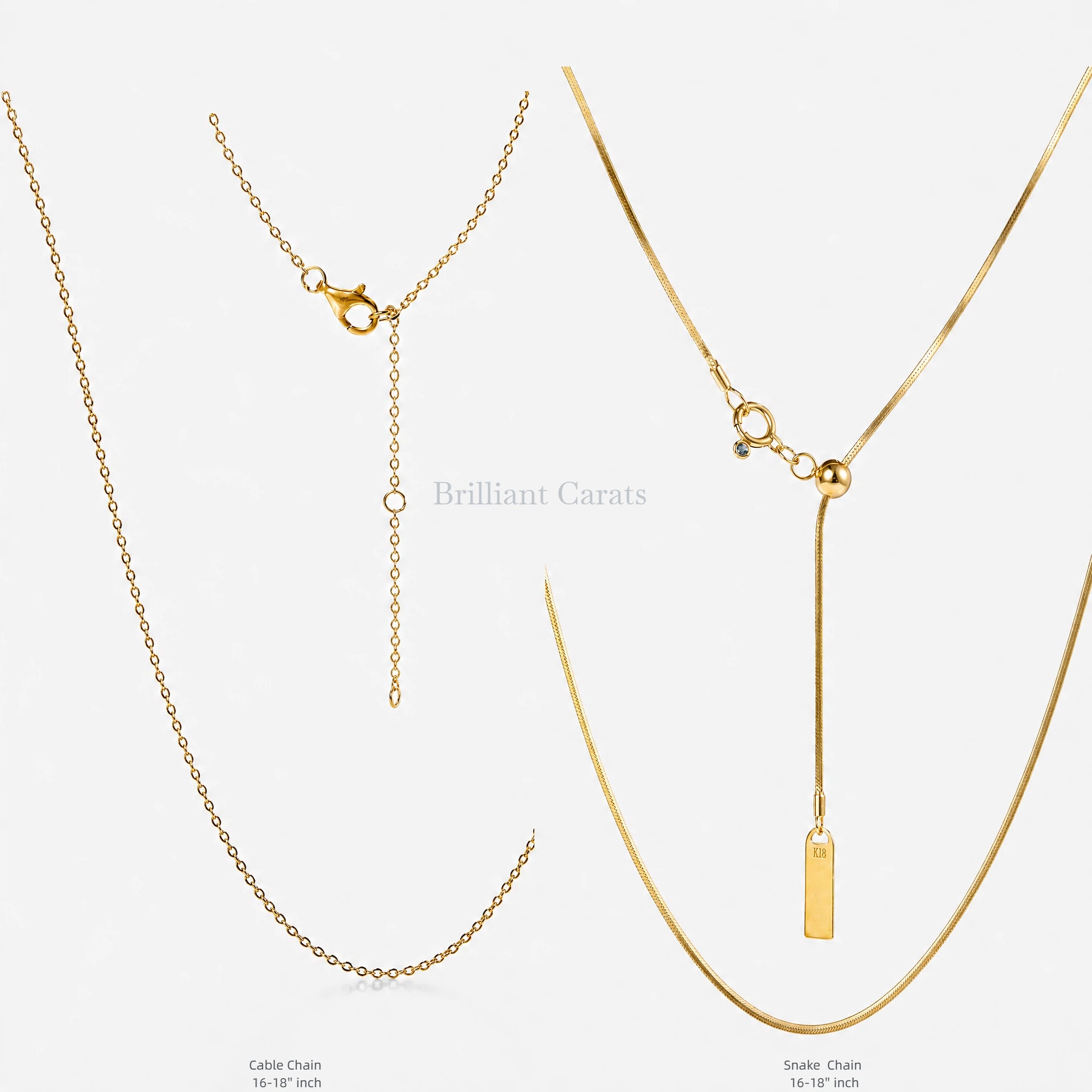 Yellow gold cable and snake chains in 16–18 inch lengths shown with clasp details.