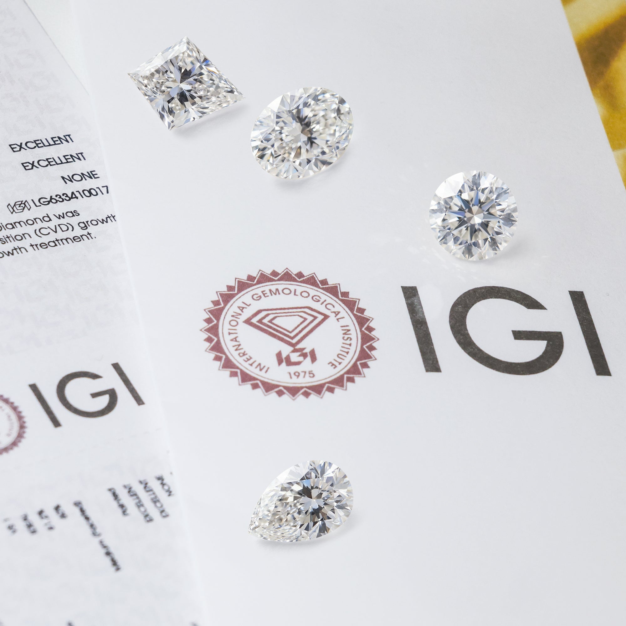 Diamond earrings on a white background with IGI logo