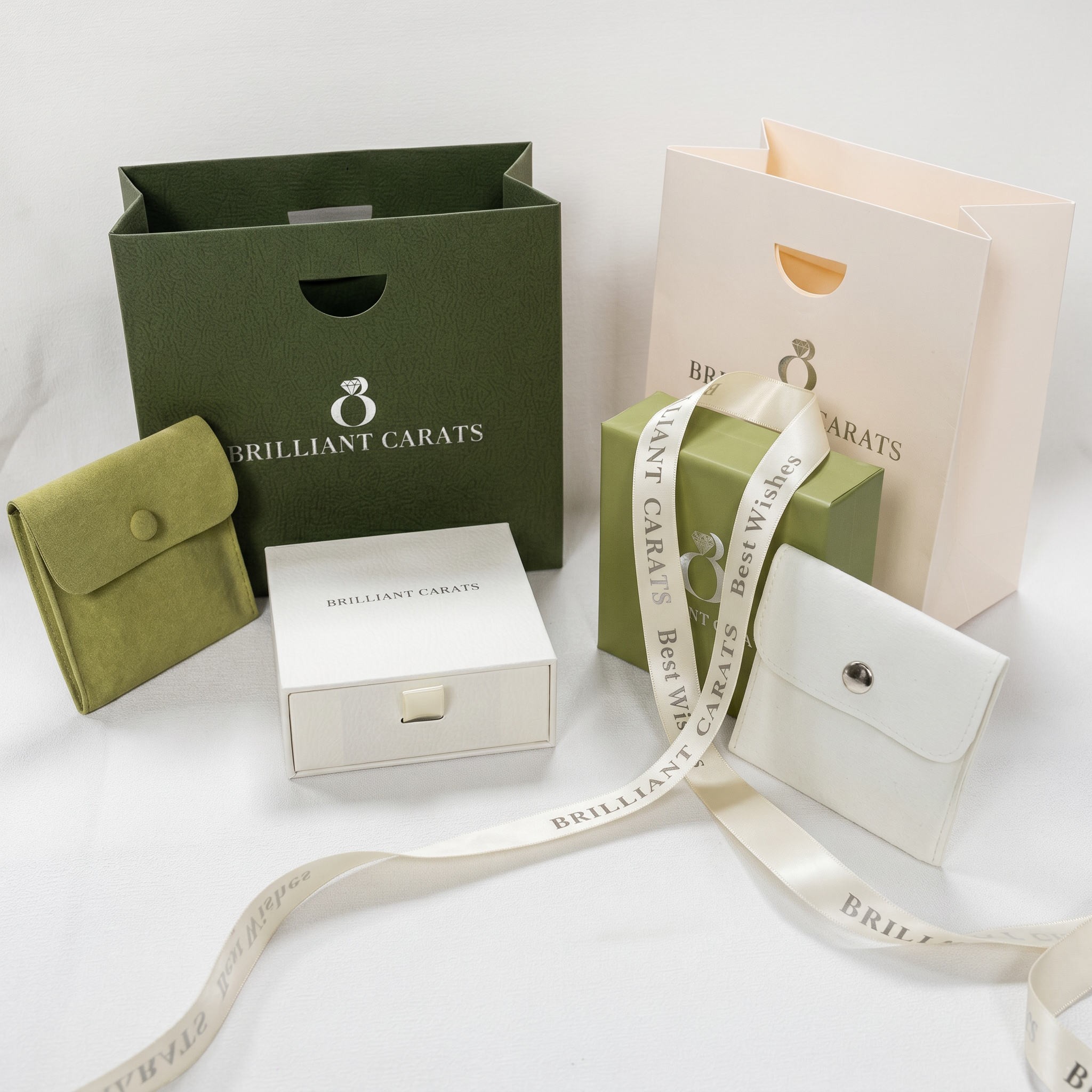 Brilliant Carats jewelry packaging including a green box, white box, and pink bag on a white background.