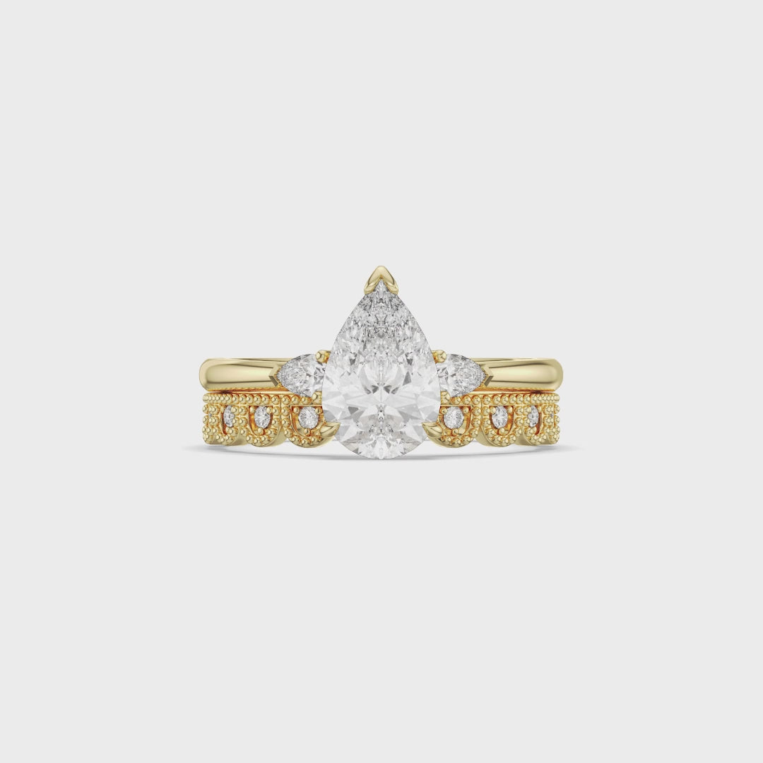 Pear Three Stone Bridal Set with Crown Diamond Band 2PCs
