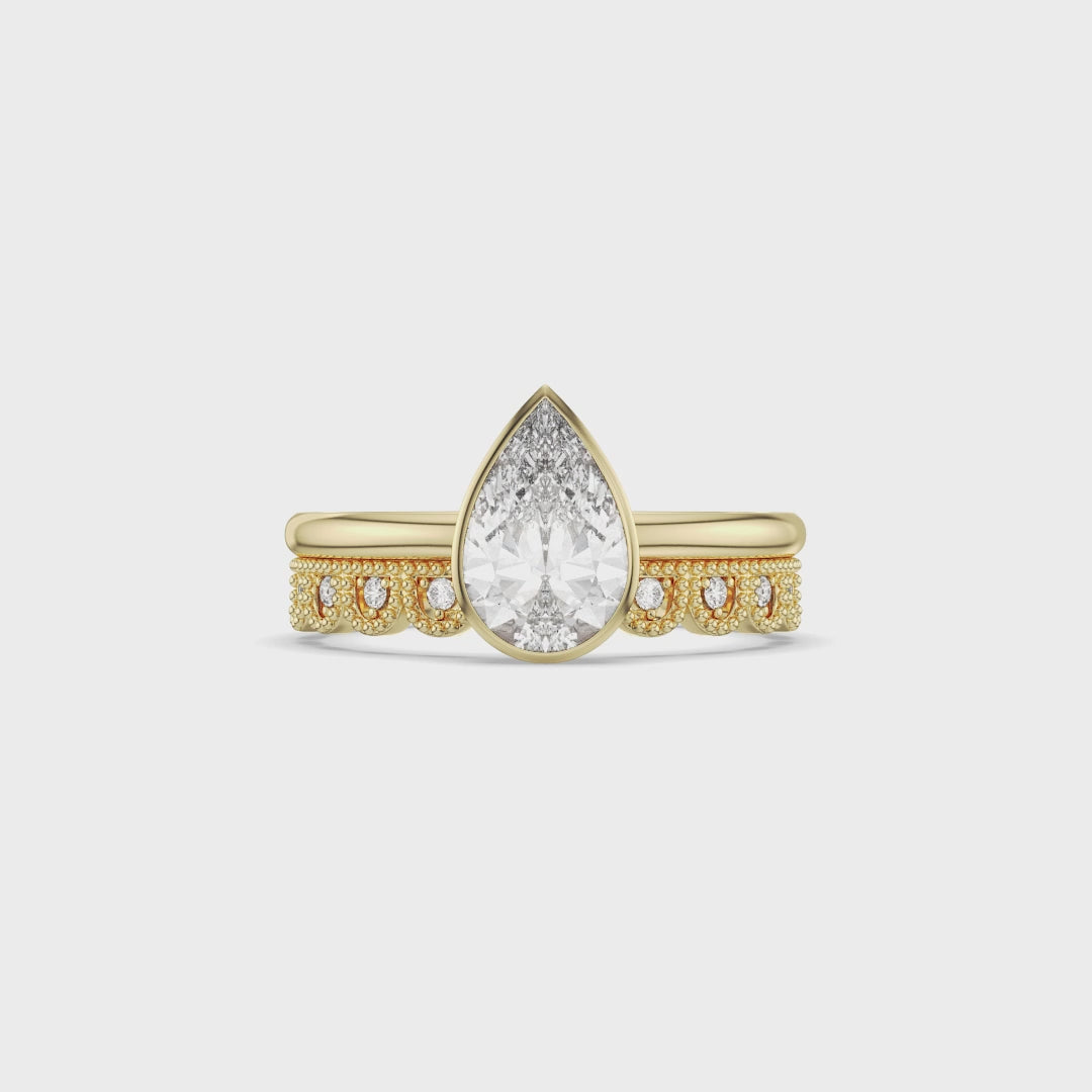 Pear Bezel Engagement Ring with Crown Diamond Wedding Band