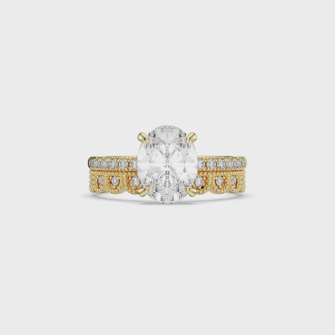 Oval-Cut Lab Diamond Engagement Ring with Vintage-Inspired Yellow Gold Band