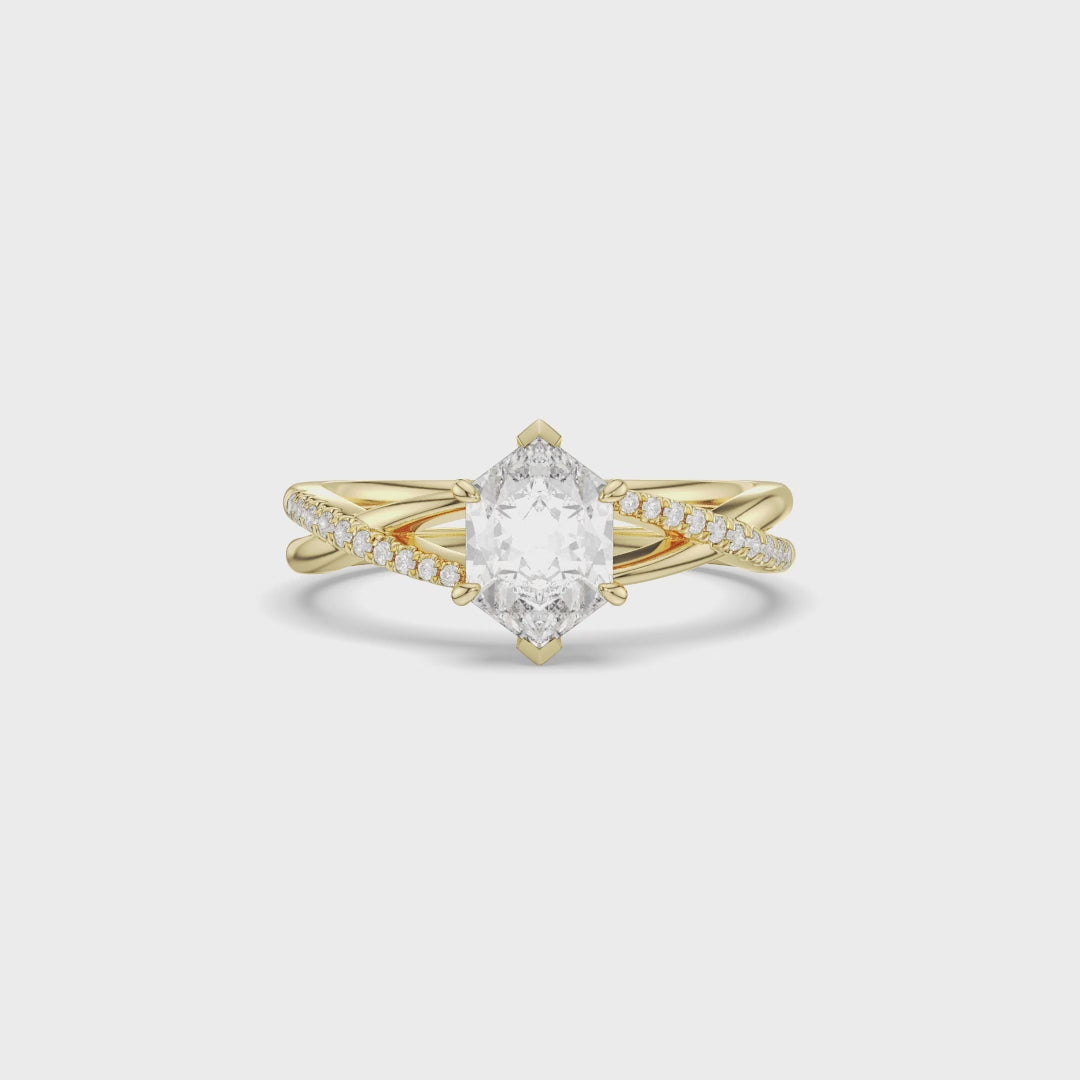 Long Hexagonal Cut Twist Band Engagement Ring