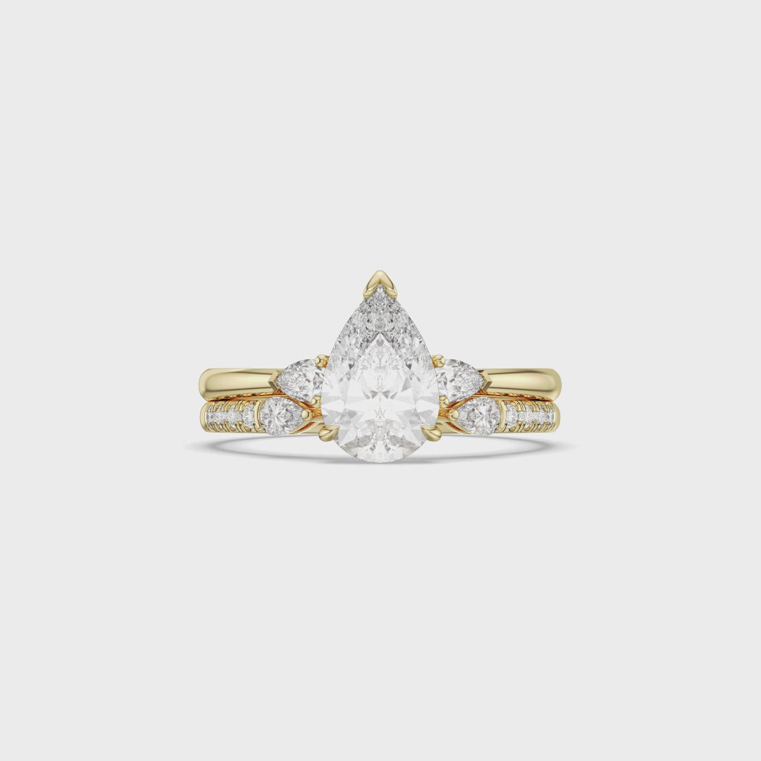 Pear Three Stone 2pcs Bridal Set with Diamond Band