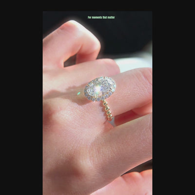 wearing oval halo diamond ring with bubble band