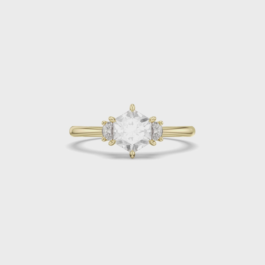 Hexagon Cut Three Stone Engagement Ring