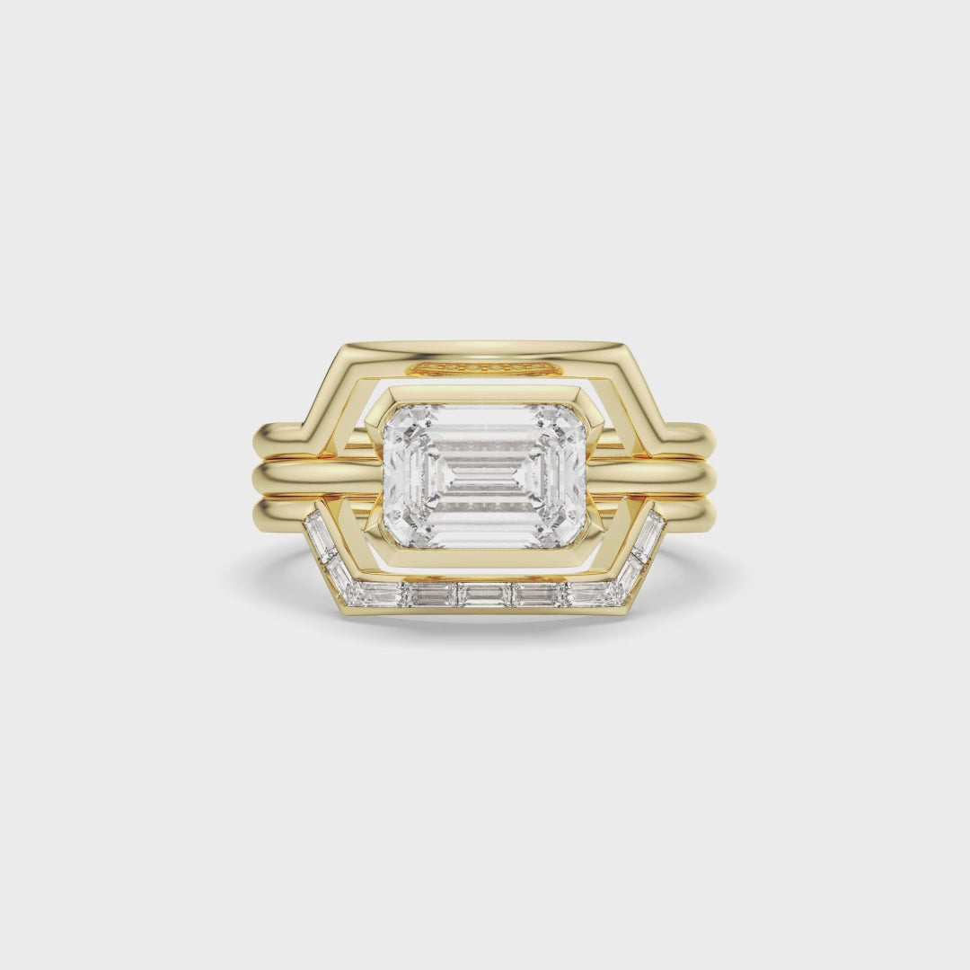 Emerald Cut Diamond Ring with Geometric Bands Bridal Set