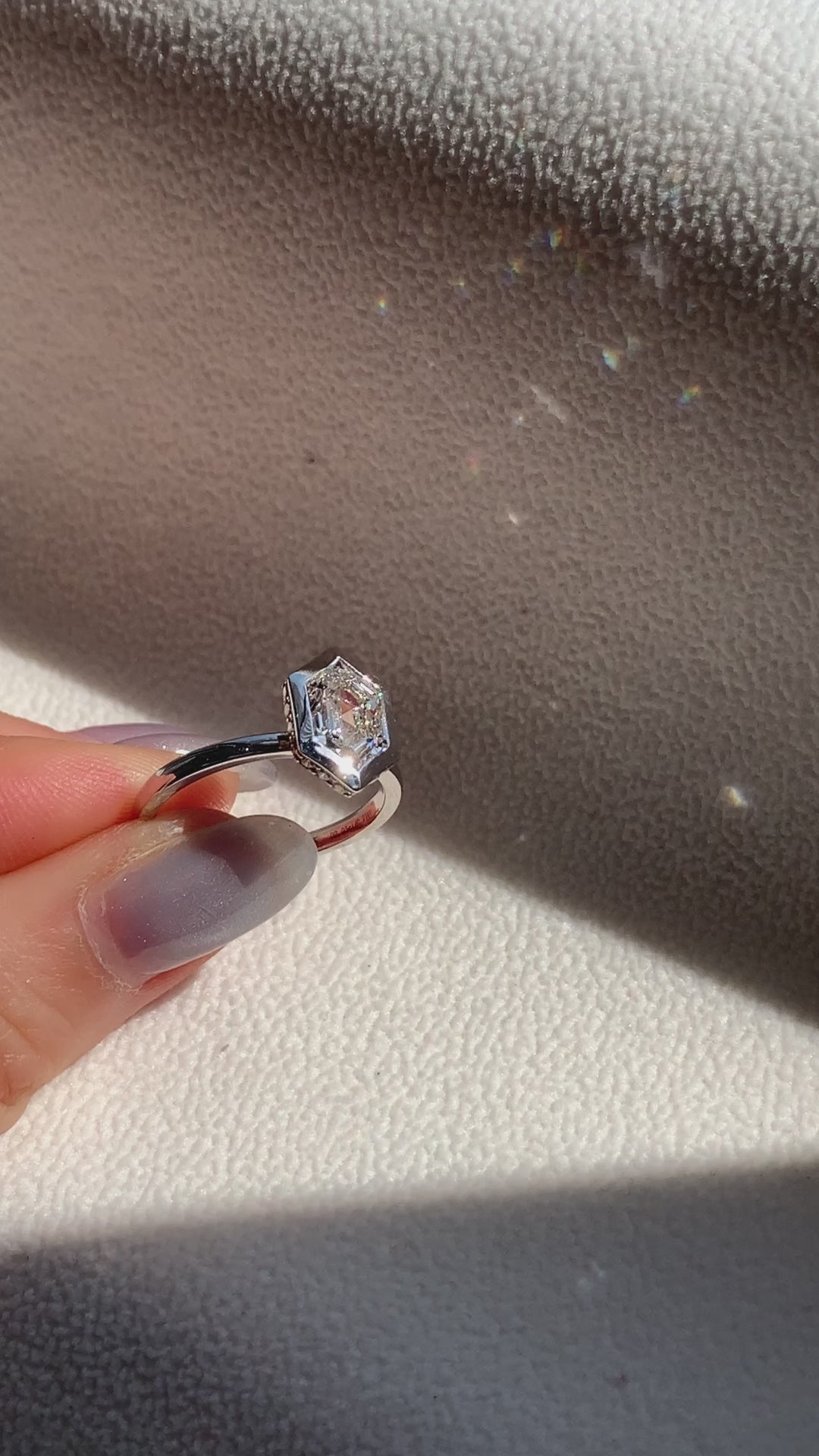 Long Hexagon Shape Hidden Halo Diamond Ring with Bezel Setting